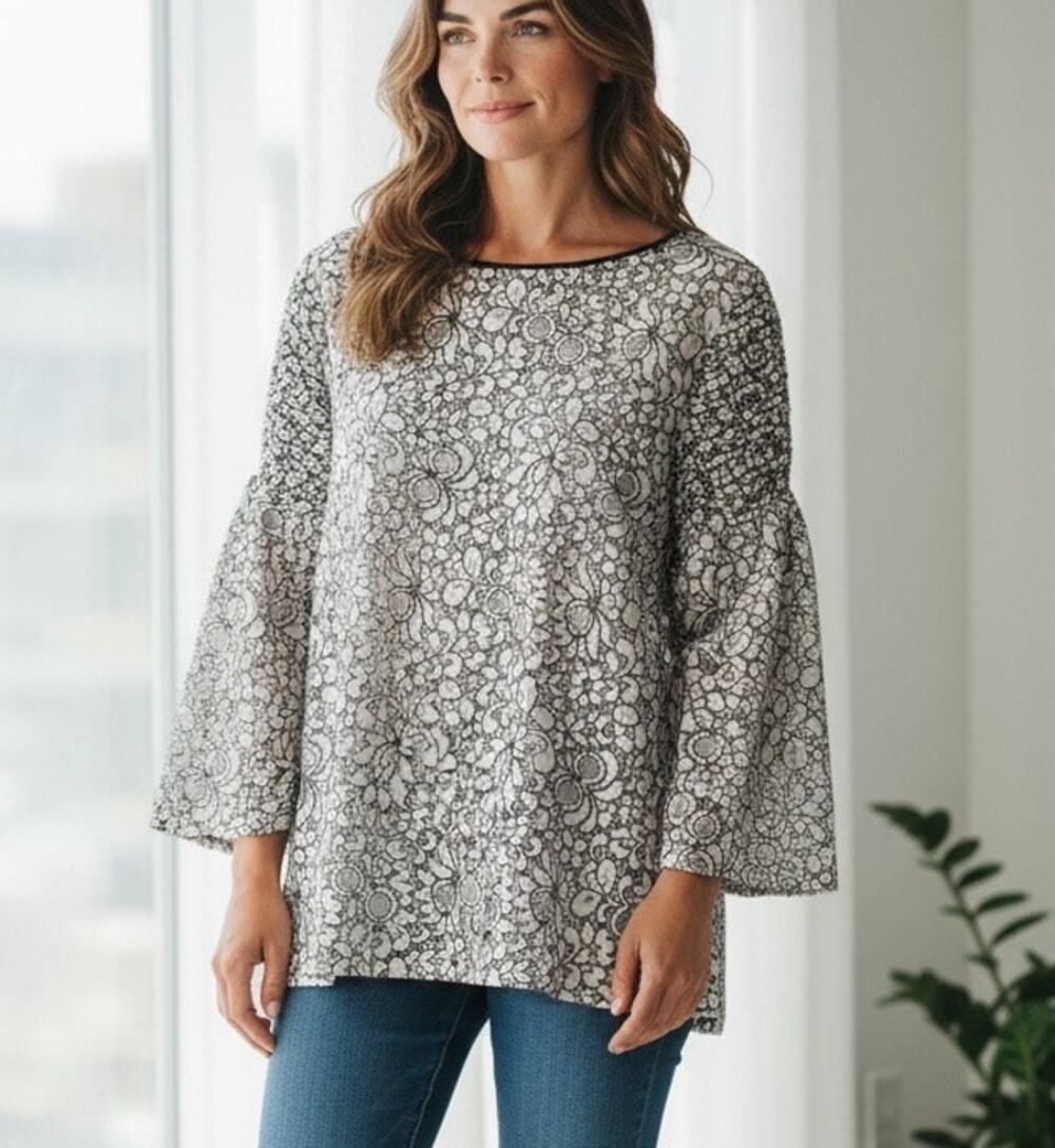 Loft Top Lace Mesh Boho Goth Formal Black White Floral Smocked Wide Sleeve SZ XL